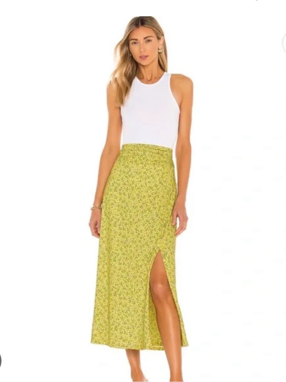 AFRM Lime Green Floral Midi Skirt with Thigh Slit. Revolve.